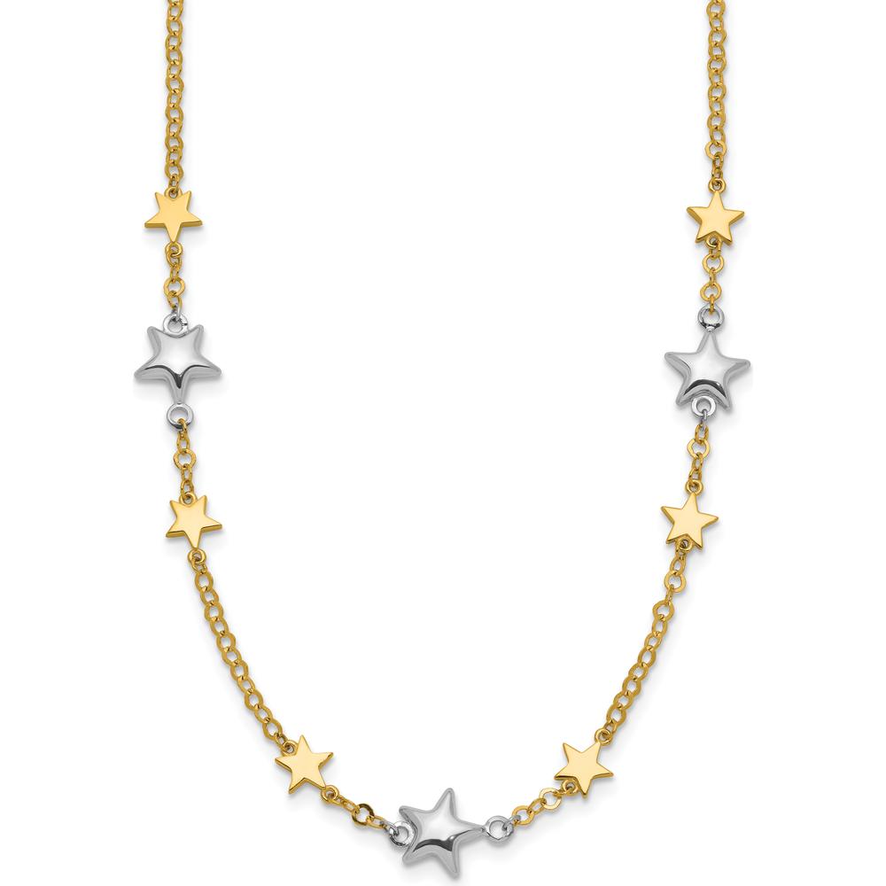 14K Two-Tone Gold Star Necklace with Polished Puffed and Flat Stars - 17" with 1" Extender by 0