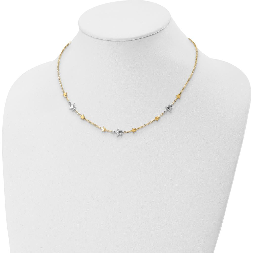 14K Two-Tone Gold Star Necklace with Polished Puffed and Flat Stars - 17" with 1" Extender by 0