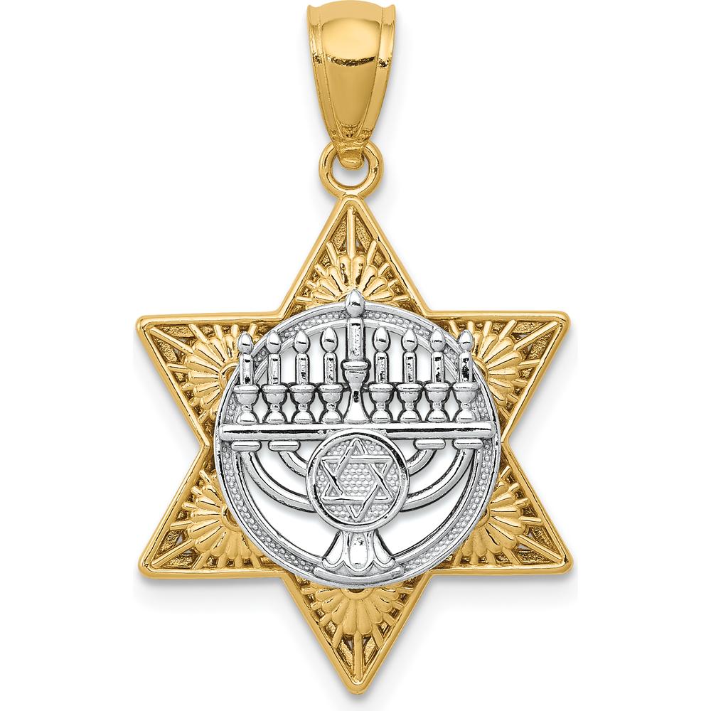 14K Two-Tone Gold Star of David and Menorah Pendant - 26.85mm Length by Oro Pregiato