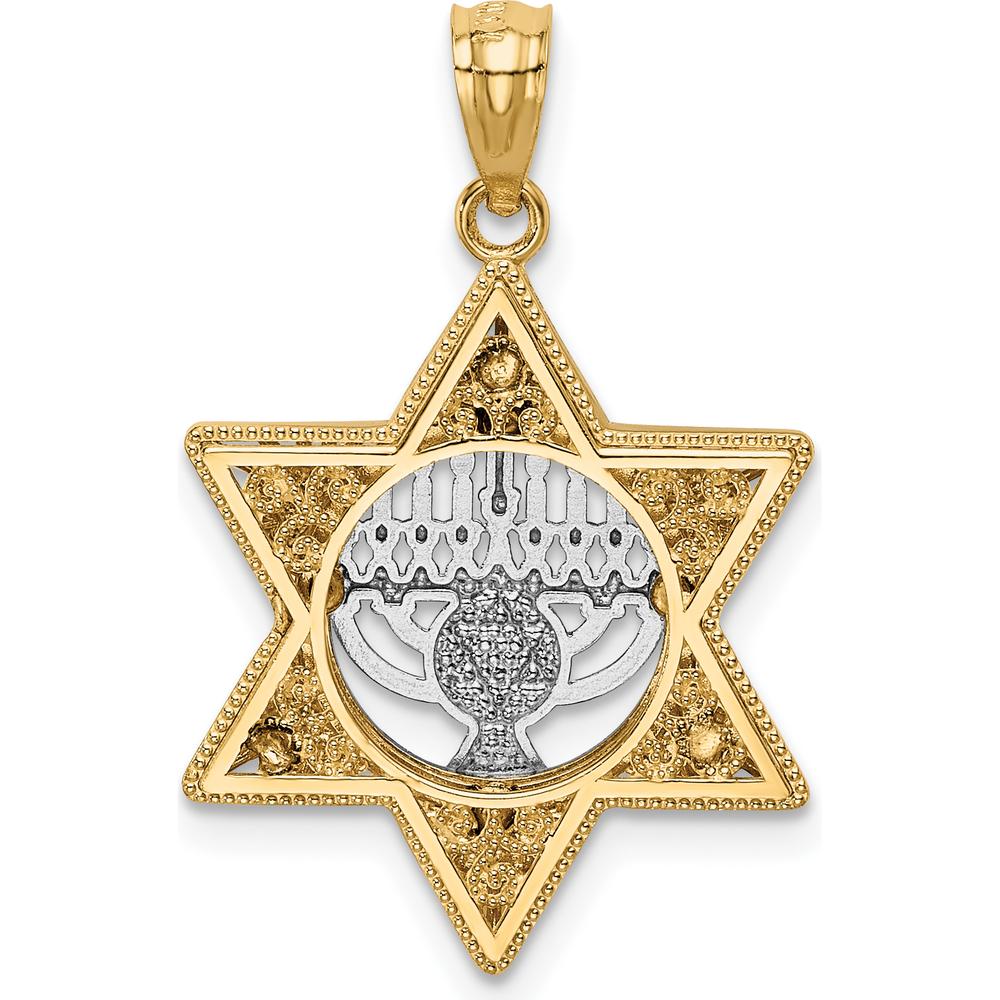 14K Two-Tone Gold Star of David and Menorah Pendant - 26.85mm Length by Oro Pregiato