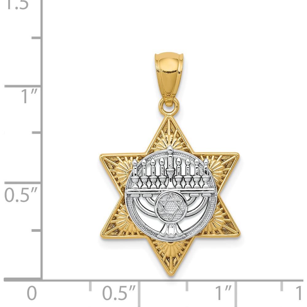 14K Two-Tone Gold Star of David and Menorah Pendant - 26.85mm Length by Oro Pregiato