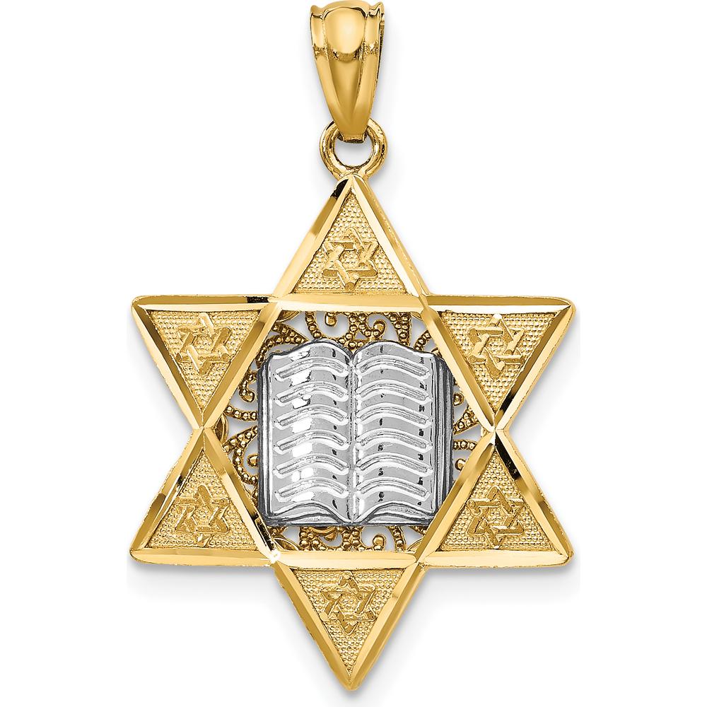 14K Two-Tone Gold Star of David and Torah Pendant - 22mm x 17mm by Oro Pregiato