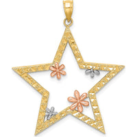 14K Two-Tone Gold Star Pendant with Rose and White Rhodium Floral Accents - Textured Finish by Oro Pregiato