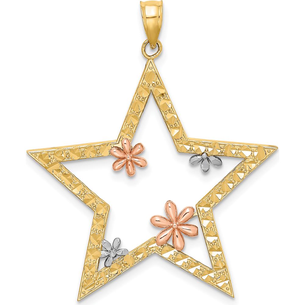 14K Two-Tone Gold Star Pendant with Rose and White Rhodium Floral Accents - Textured Finish by Oro Pregiato