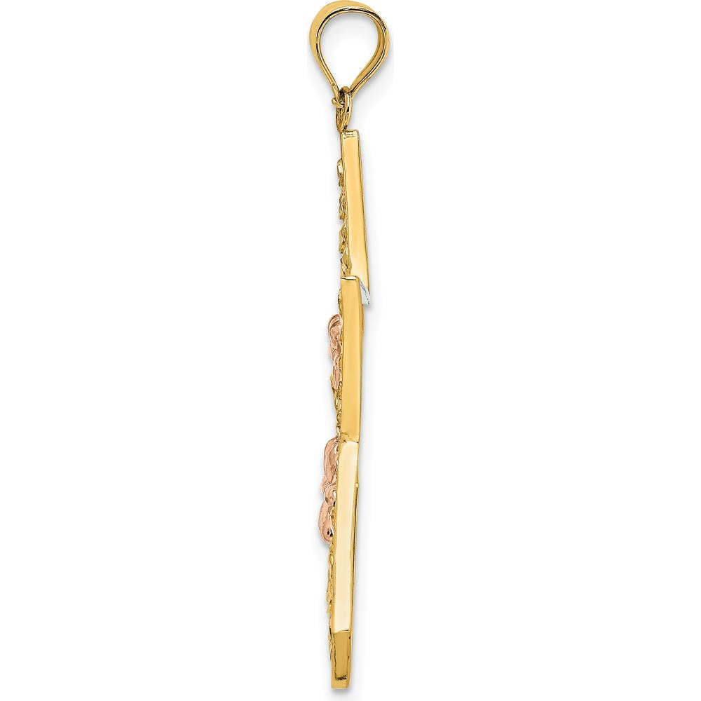 14K Two-Tone Gold Star Pendant with Rose and White Rhodium Floral Accents - Textured Finish by Oro Pregiato