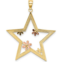 14K Two-Tone Gold Star Pendant with Rose and White Rhodium Floral Accents - Textured Finish by Oro Pregiato