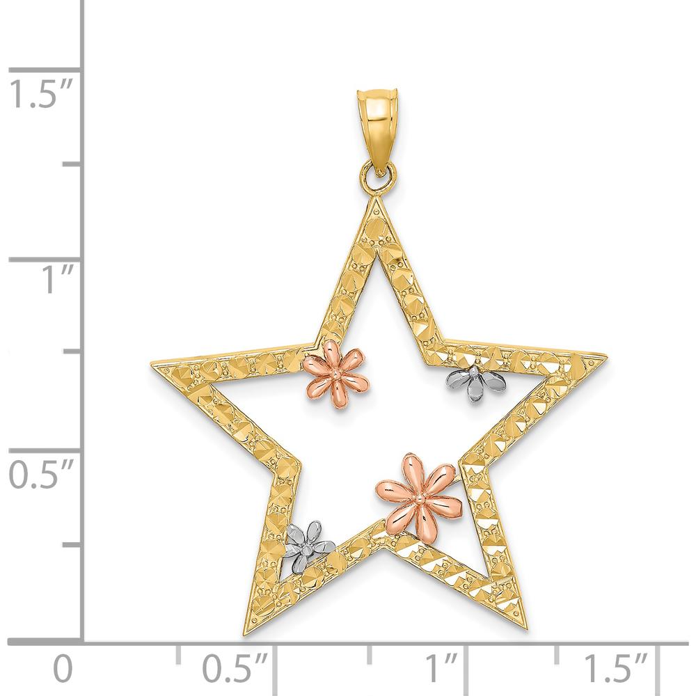 14K Two-Tone Gold Star Pendant with Rose and White Rhodium Floral Accents - Textured Finish by Oro Pregiato