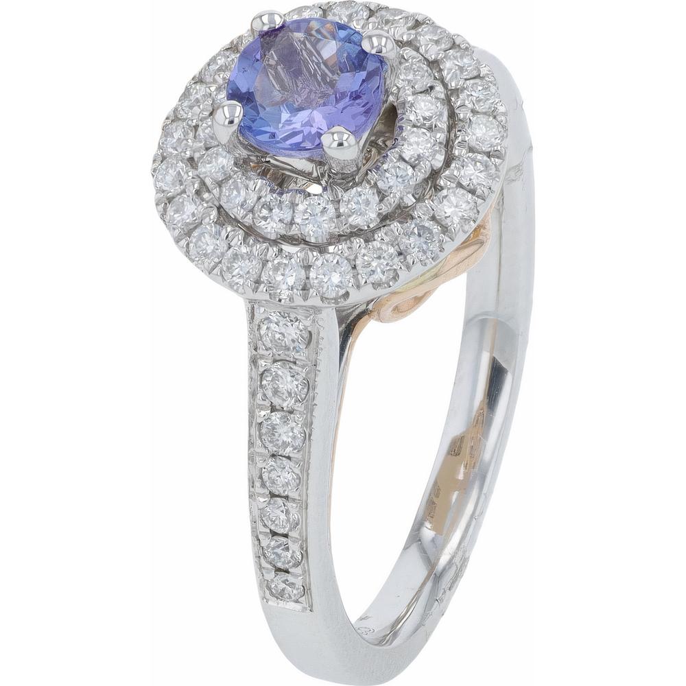 14K Two-Tone Gold Tanzanite Ring with Double Halo of Round Diamonds - 0.97 Carats Total Gem Weight