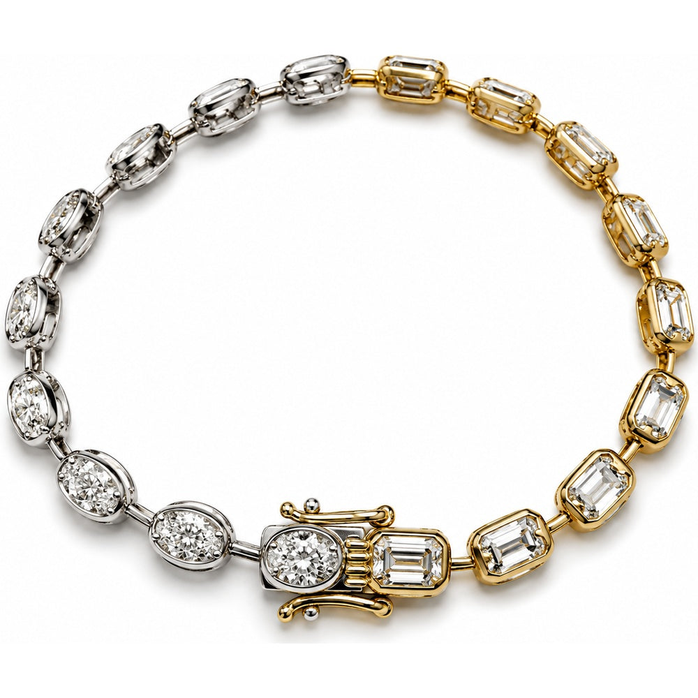 14K Two-Tone Gold Tennis Bracelet with Alternating Bezel-Set Oval and Emerald Cut Lab Grown Diamonds - 10.69 Carat Total Diamond Weight by Auriventus
