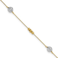 14K Two-Tone Gold Textured and Mirror Beads Station Anklet with 1" Extender - Adjustable 9" Chain