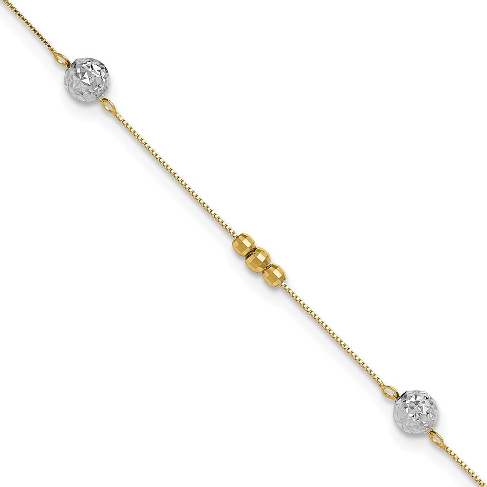 14K Two-Tone Gold Textured and Mirror Beads Station Anklet with 1" Extender - Adjustable 9" Chain