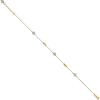 14K Two-Tone Gold Textured and Mirror Beads Station Anklet with 1" Extender - Adjustable 9" Chain