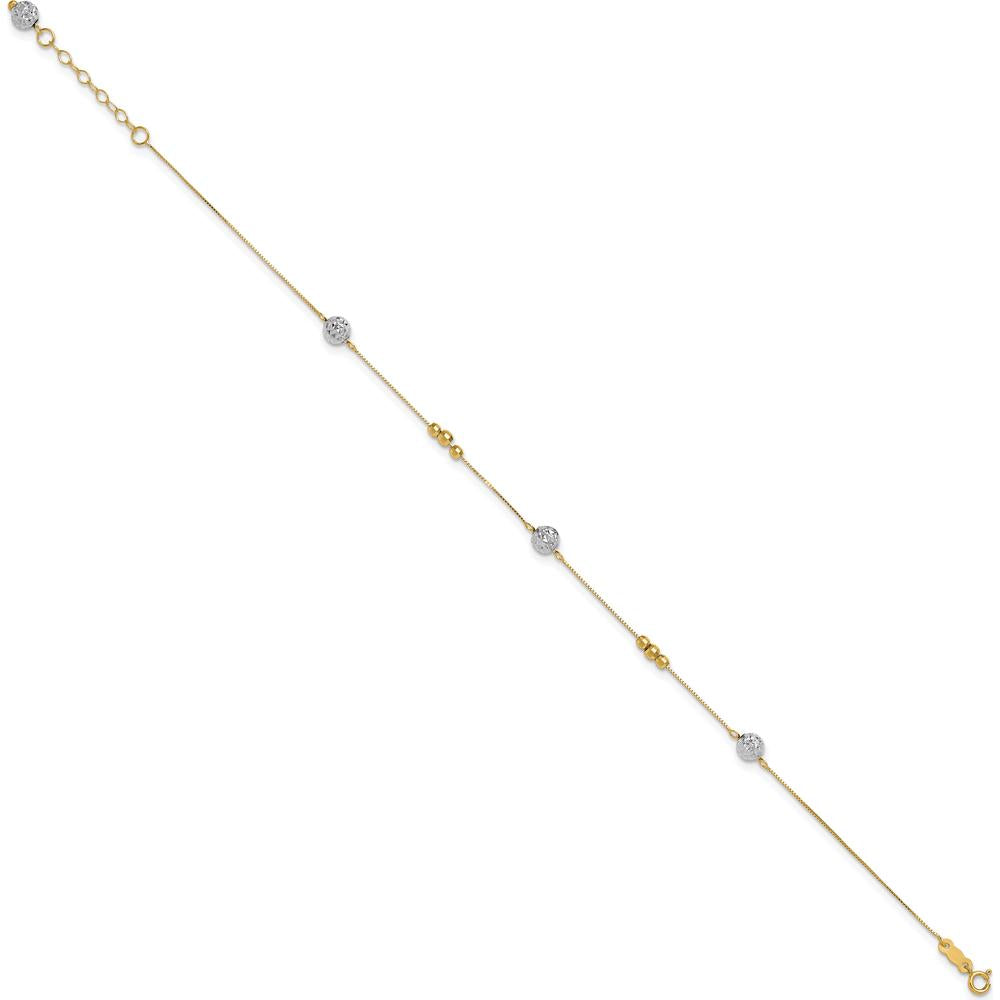 14K Two-Tone Gold Textured and Mirror Beads Station Anklet with 1" Extender - Adjustable 9" Chain