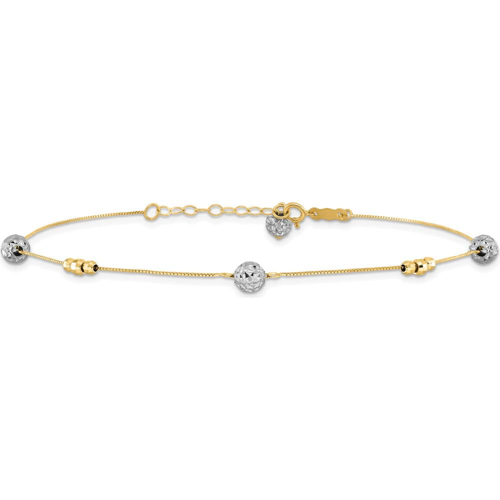 14K Two-Tone Gold Textured and Mirror Beads Station Anklet with 1" Extender - Adjustable 9" Chain