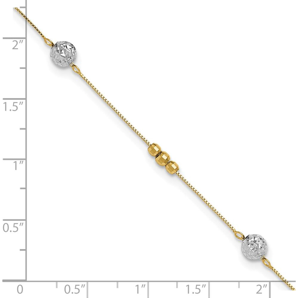 14K Two-Tone Gold Textured and Mirror Beads Station Anklet with 1" Extender - Adjustable 9" Chain