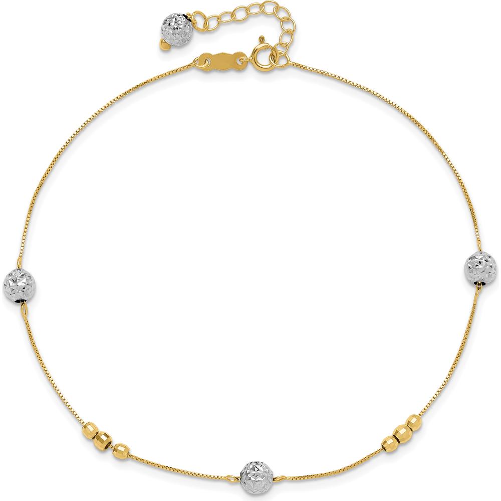 14K Two-Tone Gold Textured and Mirror Beads Station Anklet with 1" Extender - Adjustable 9" Chain