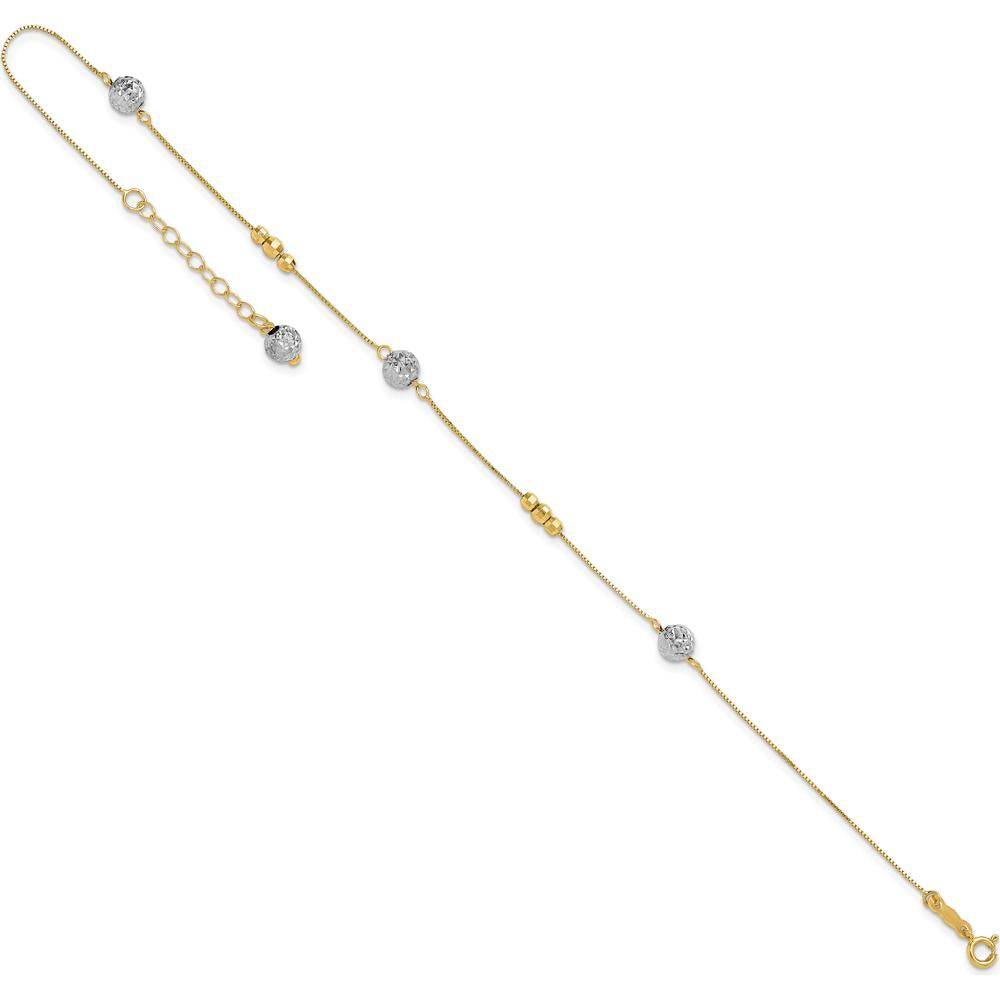 14K Two-Tone Gold Textured and Mirror Beads Station Anklet with 1" Extender - Adjustable 9" Chain