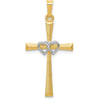 14K Two-Tone Gold Textured and Polished Latin Cross with Interlocking Hearts Pendant - 32mm Length by Oro Pregiato