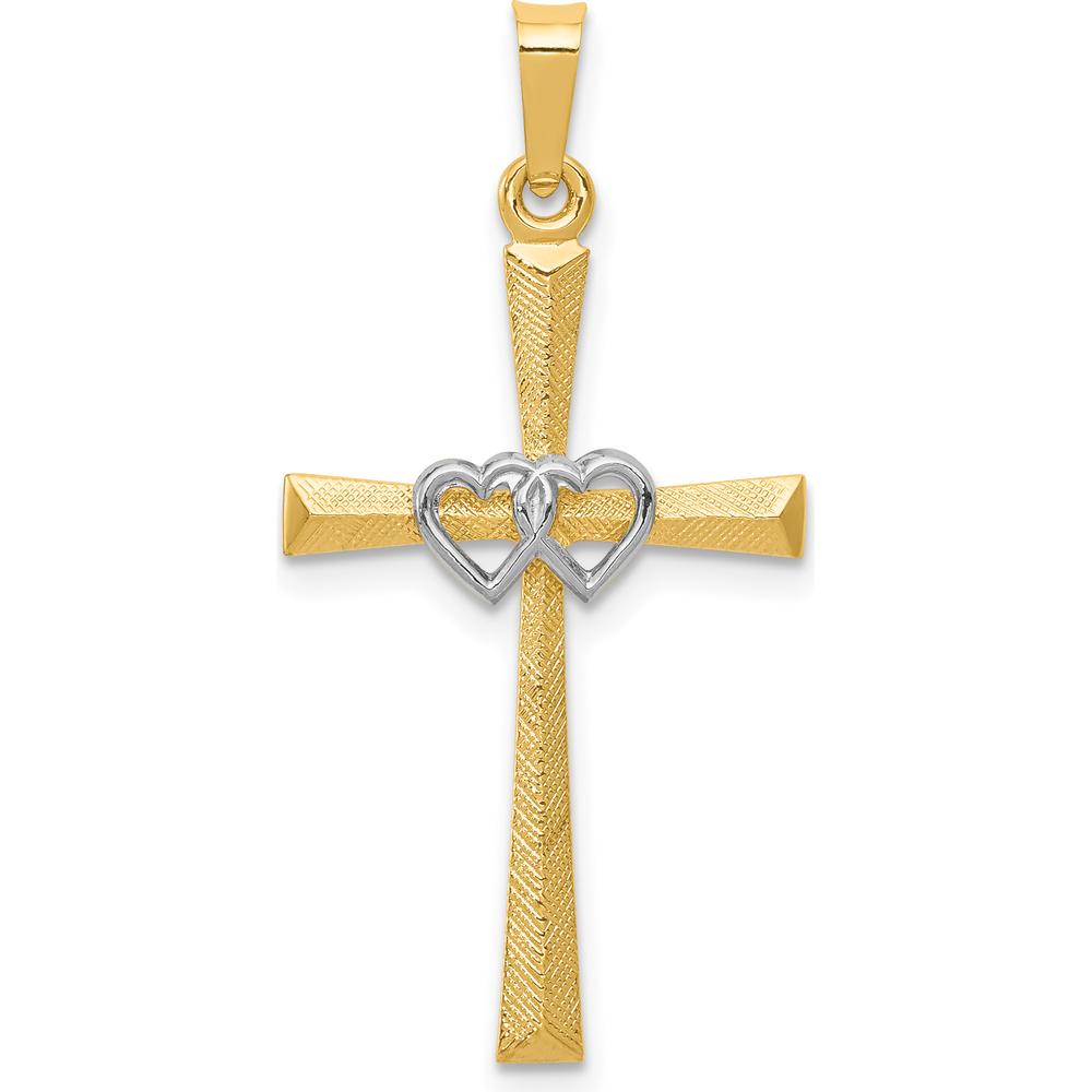 14K Two-Tone Gold Textured and Polished Latin Cross with Interlocking Hearts Pendant - 32mm Length by Oro Pregiato