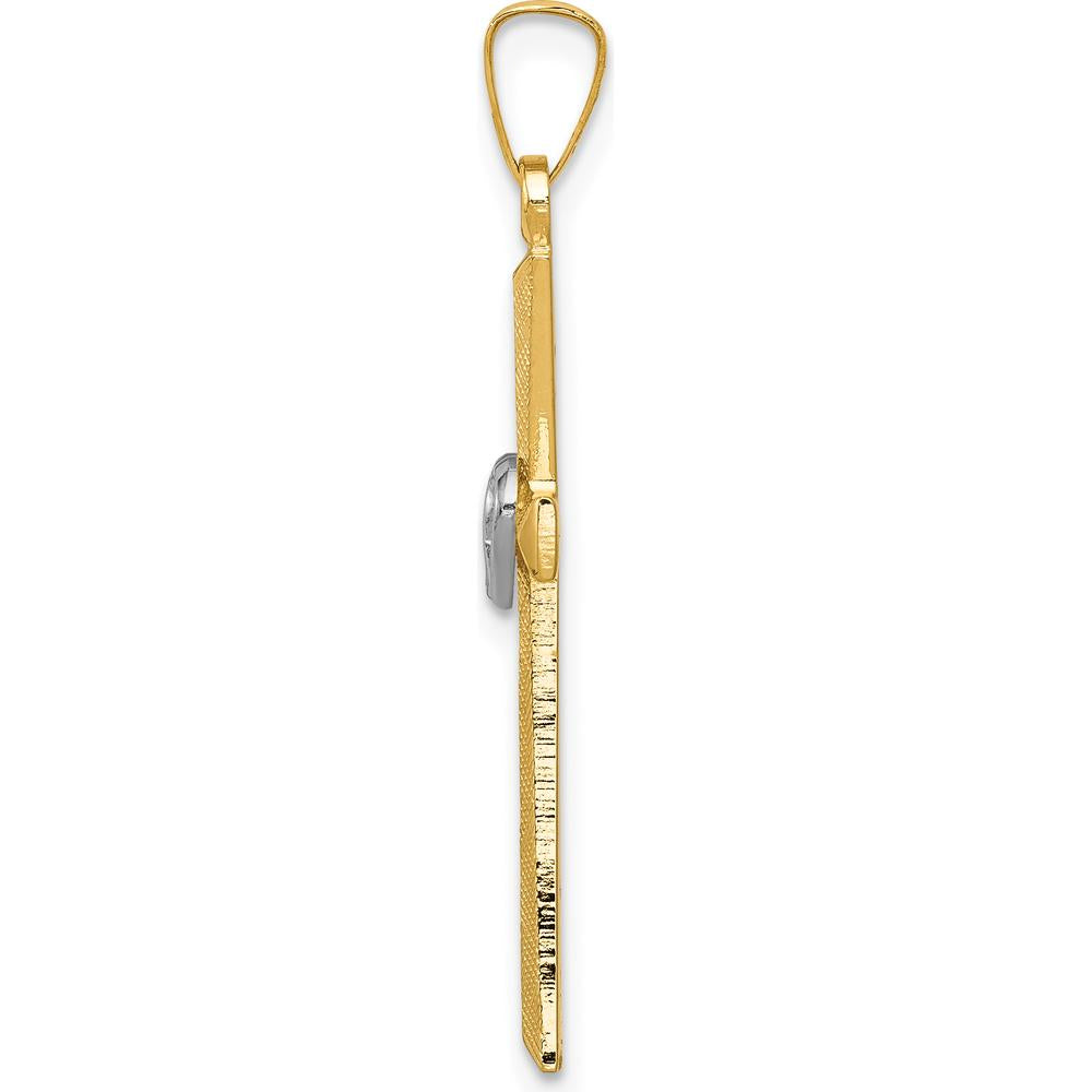 14K Two-Tone Gold Textured and Polished Latin Cross with Interlocking Hearts Pendant - 32mm Length by Oro Pregiato