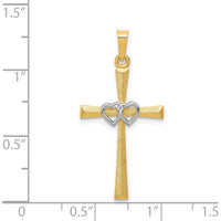 14K Two-Tone Gold Textured and Polished Latin Cross with Interlocking Hearts Pendant - 32mm Length by Oro Pregiato
