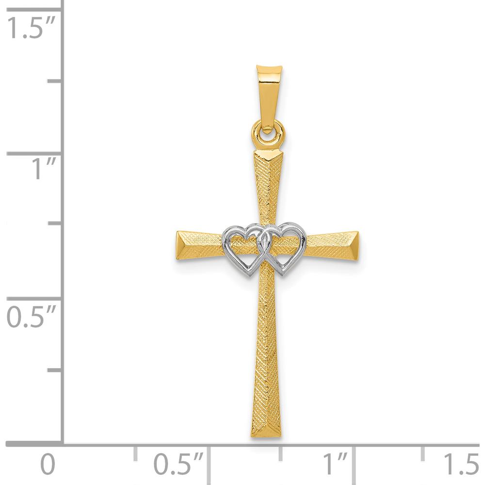 14K Two-Tone Gold Textured and Polished Latin Cross with Interlocking Hearts Pendant - 32mm Length by Oro Pregiato