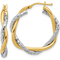 14K Two-Tone Gold Textured and Polished Twisted Hoop Earrings 28.7mm by 0