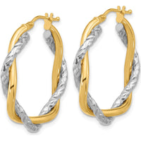 14K Two-Tone Gold Textured and Polished Twisted Hoop Earrings 28.7mm by 0
