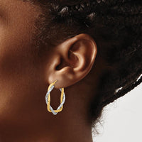 14K Two-Tone Gold Textured and Polished Twisted Hoop Earrings 28.7mm by 0