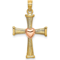 14K Two-Tone Gold Textured Cross Pendant with Heart Charm - 21.3mm by Oro Pregiato