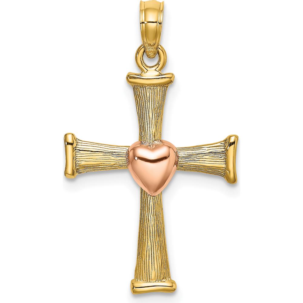 14K Two-Tone Gold Textured Cross Pendant with Heart Charm - 21.3mm by Oro Pregiato