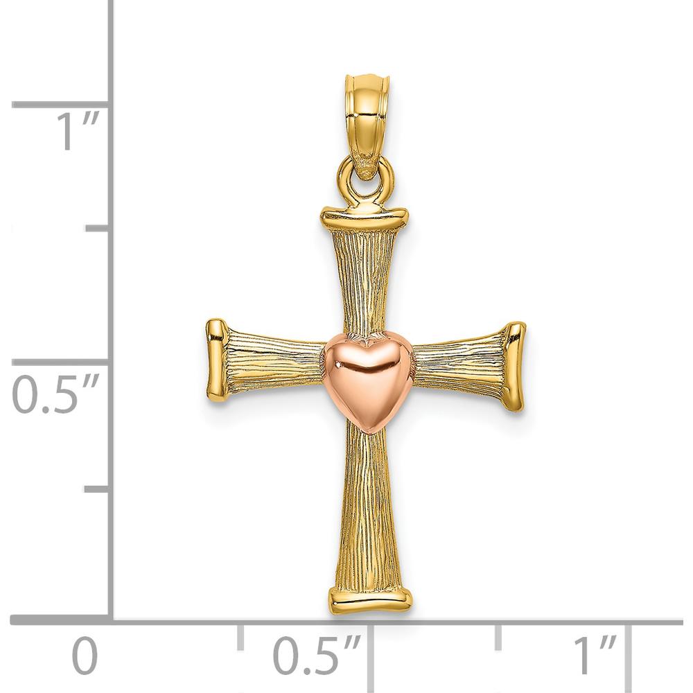 14K Two-Tone Gold Textured Cross Pendant with Heart Charm - 21.3mm by Oro Pregiato