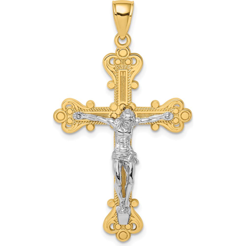 14K Two-Tone Gold Textured Crucifix Pendant with Polished and Silver-Tone Finish by Oro Pregiato