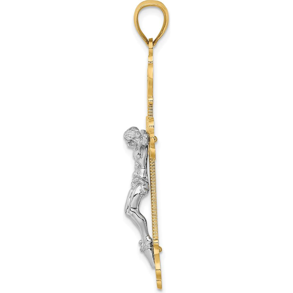 14K Two-Tone Gold Textured Crucifix Pendant with Polished and Silver-Tone Finish by Oro Pregiato