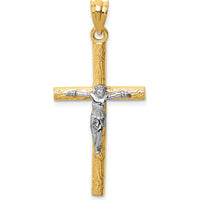 14K Two-Tone Gold Textured Crucifix Pendant with Silver Christ - 39mm Length by Oro Pregiato