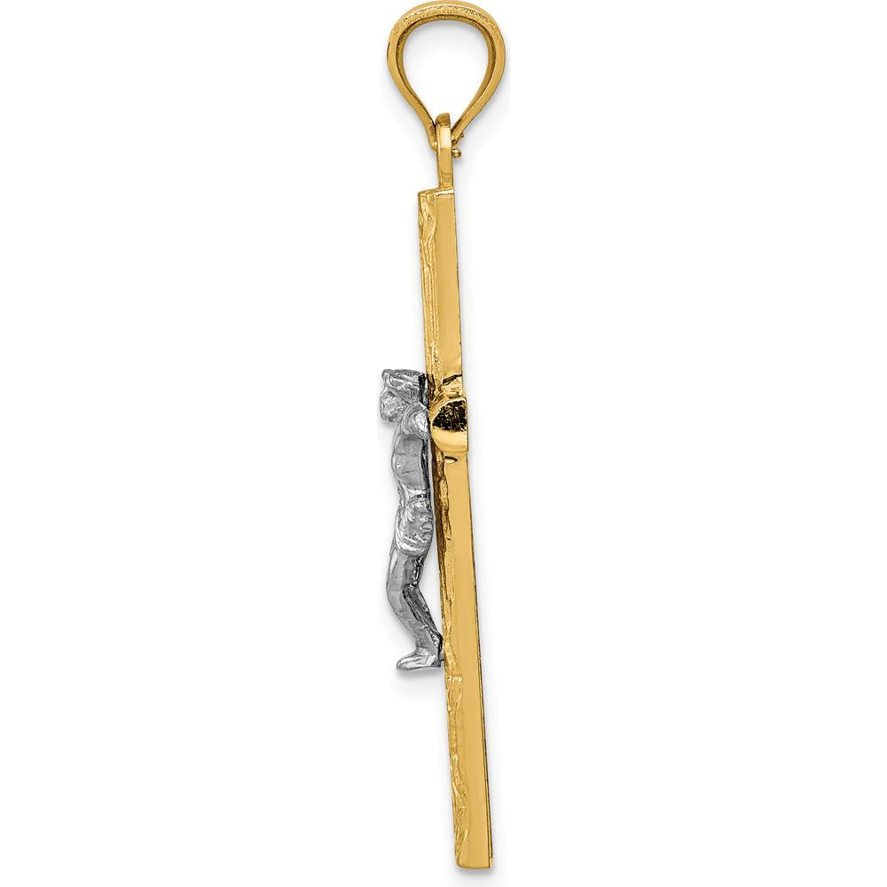 14K Two-Tone Gold Textured Crucifix Pendant with Silver Christ - 39mm Length by Oro Pregiato