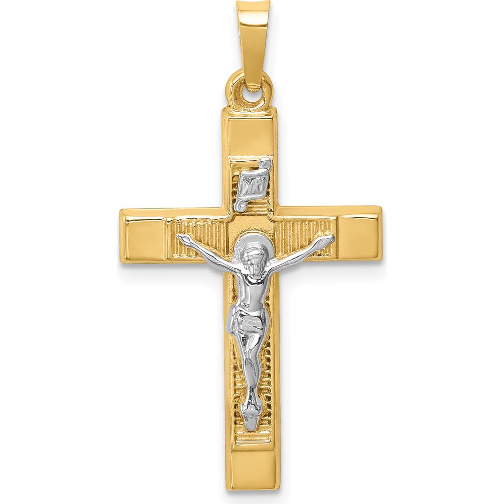 14K Two-Tone Gold Textured Hollow Latin Crucifix Pendant with Polished Finish - 31mm Length by Oro Pregiato