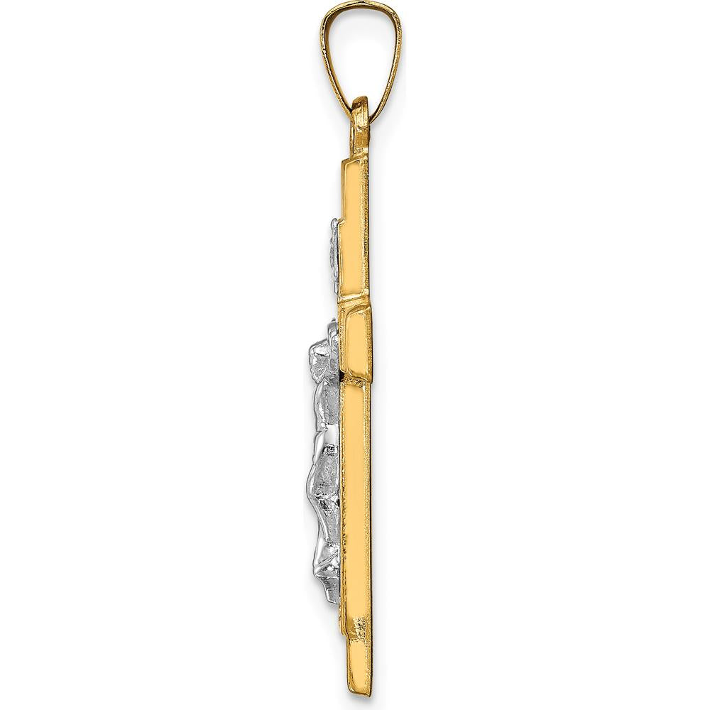14K Two-Tone Gold Textured Hollow Latin Crucifix Pendant with Polished Finish - 31mm Length by Oro Pregiato