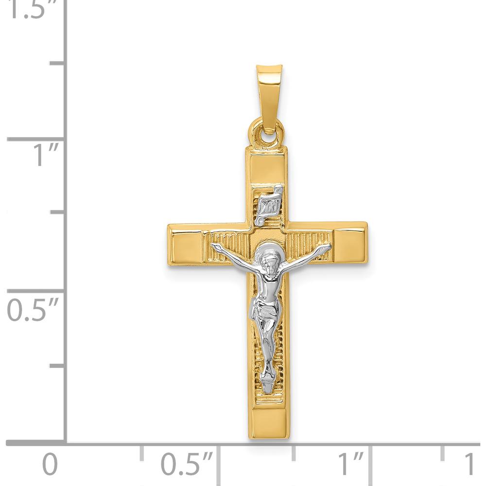 14K Two-Tone Gold Textured Hollow Latin Crucifix Pendant with Polished Finish - 31mm Length by Oro Pregiato