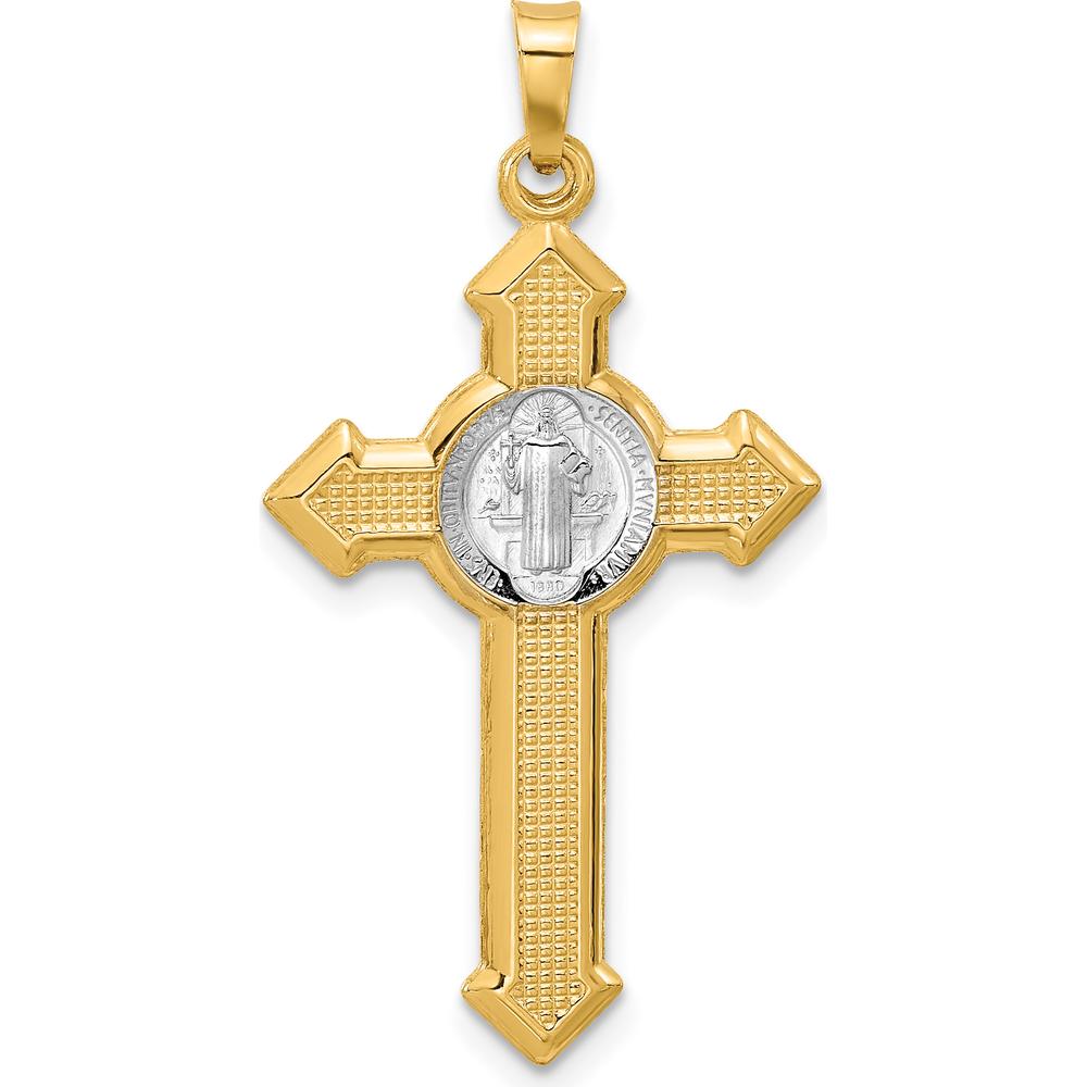 14K Two-Tone Gold Textured Hollow St. Benedict Cross Pendant - Faith Symbol with Rhodium Plating by Oro Pregiato