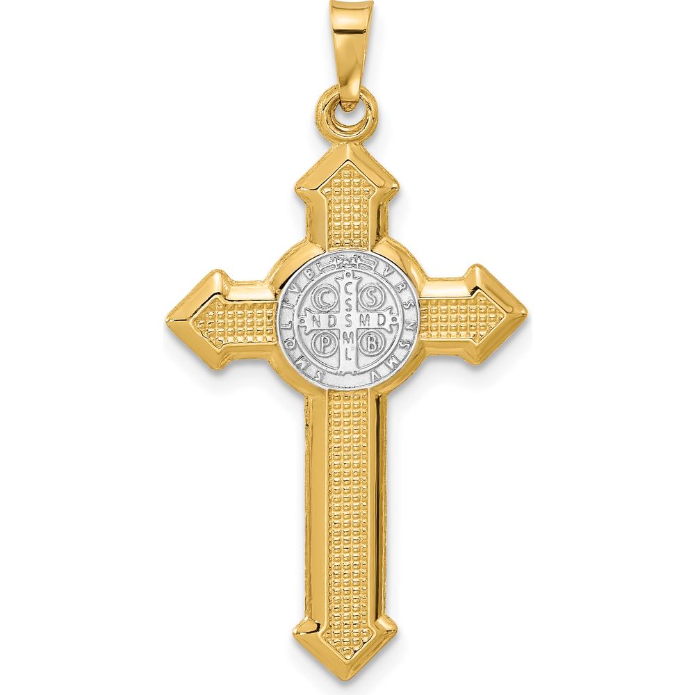 14K Two-Tone Gold Textured Hollow St. Benedict Cross Pendant - Faith Symbol with Rhodium Plating by Oro Pregiato