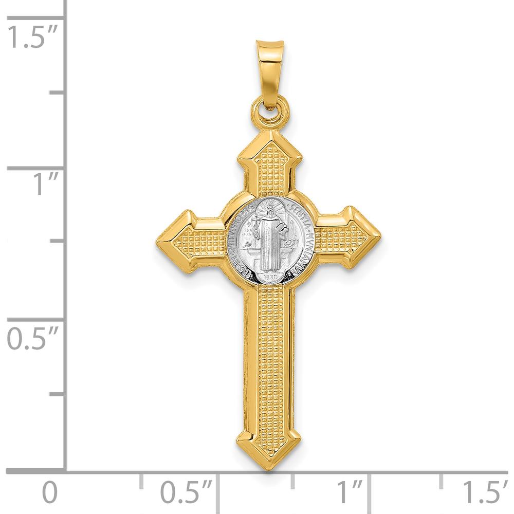 14K Two-Tone Gold Textured Hollow St. Benedict Cross Pendant - Faith Symbol with Rhodium Plating by Oro Pregiato