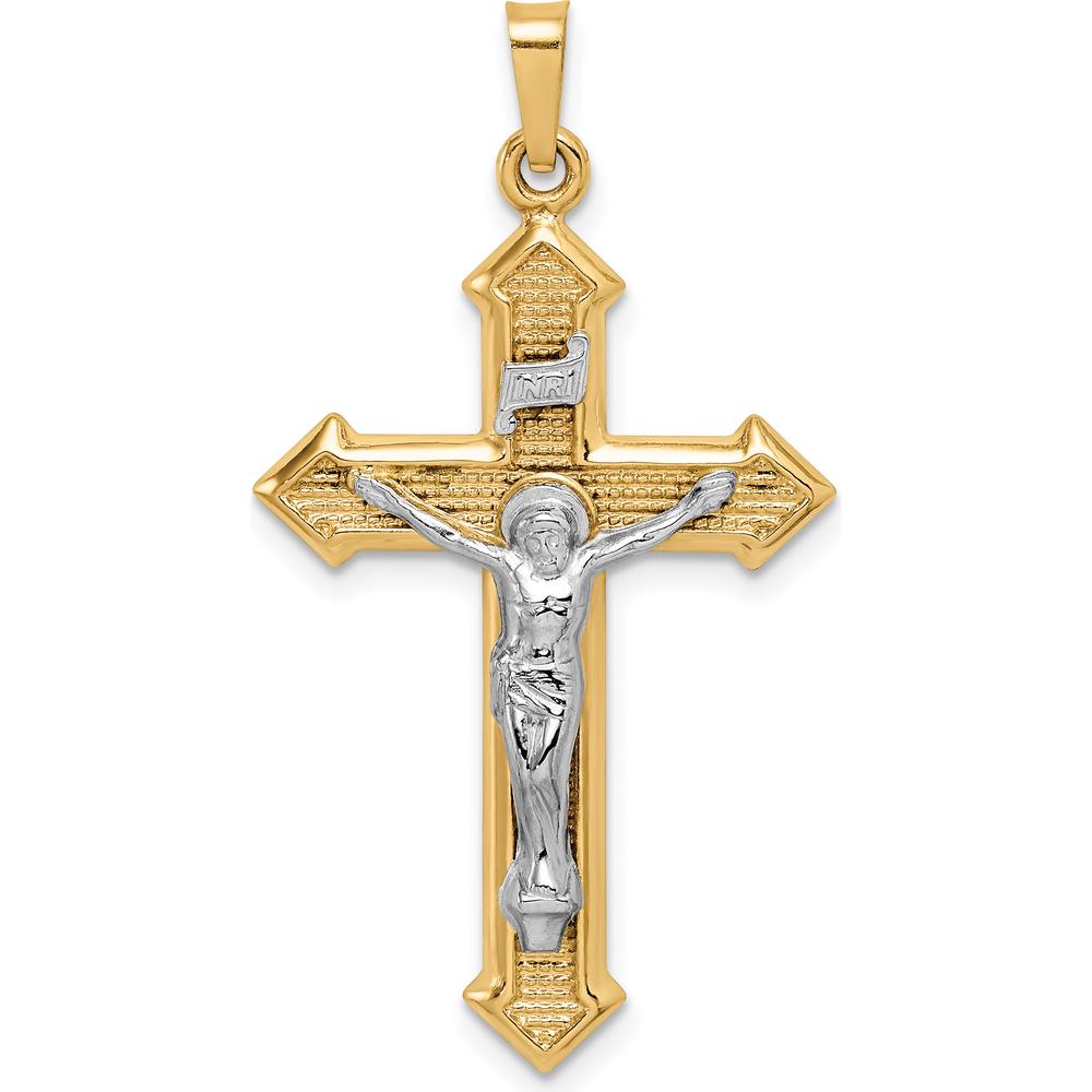 14K Two-Tone Gold Textured INRI Crucifix Pendant - 38.25mm Length by Oro Pregiato