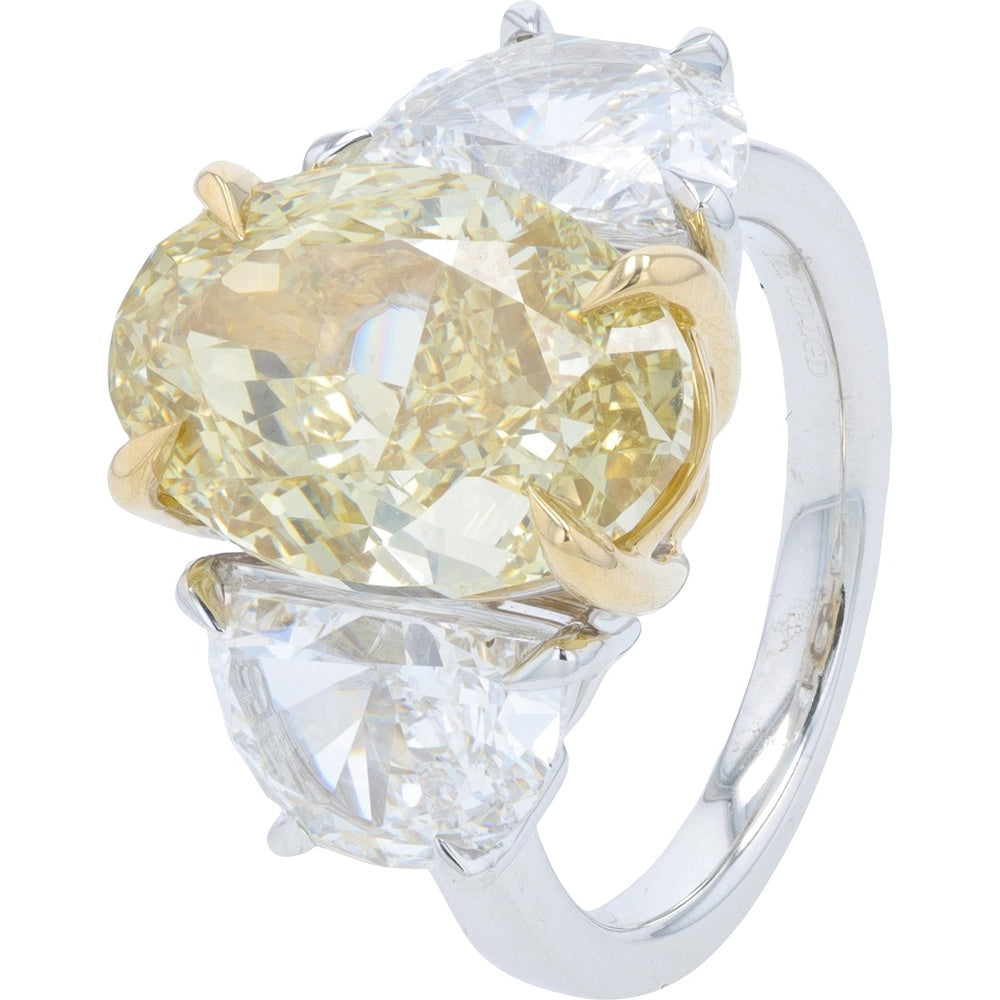 14K Two Tone Gold Three Stone Engagement Ring with 7.34 Carat Fancy Vivid Yellow Lab Grown Center Diamond and 3.46 Carat Clear Side Diamonds - 10.80 Carat Total Diamond Weight