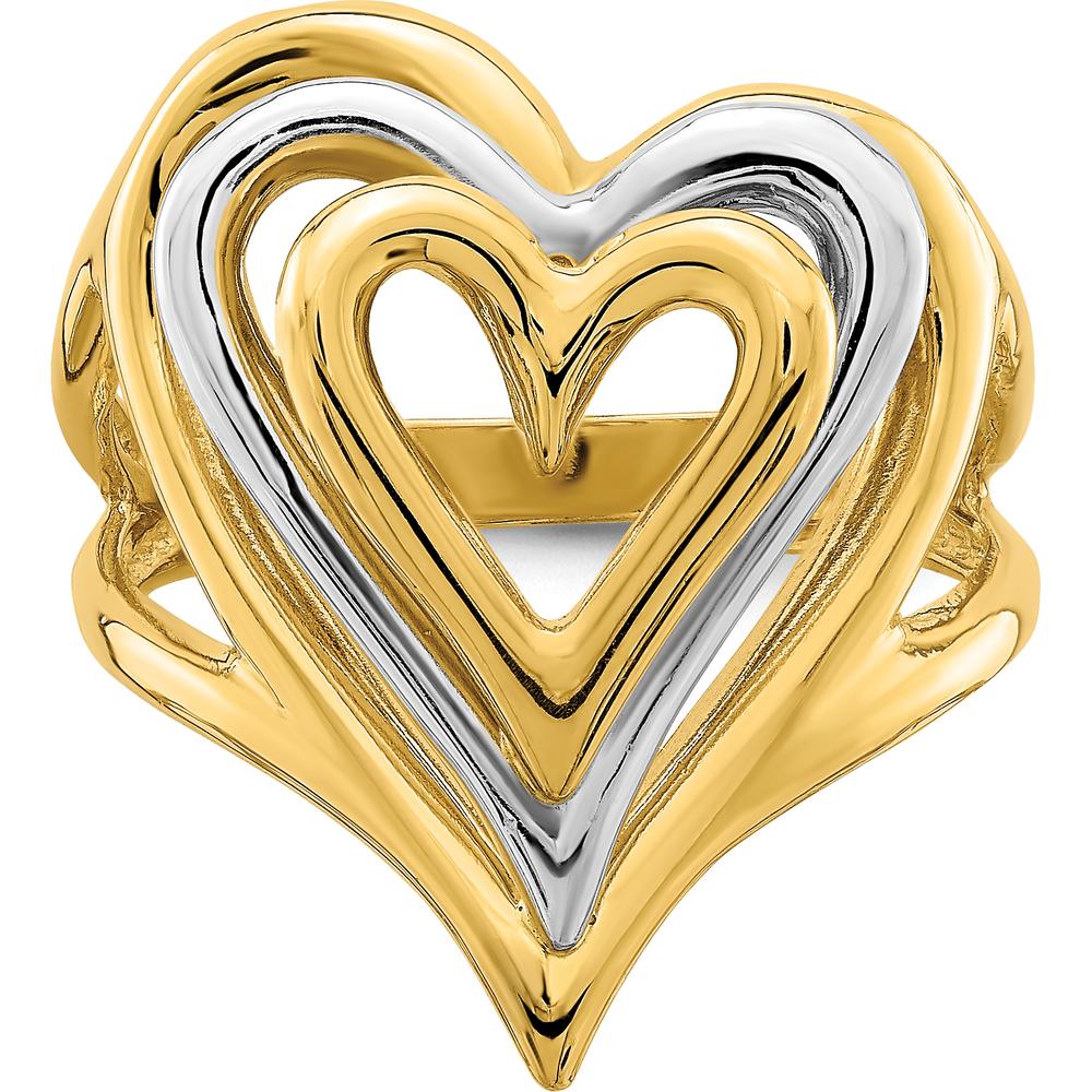 14K Two-Tone Gold Triple Heart Ring with Polished Finish - Elegant Stacked Design by Oro Pregiato