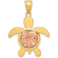 14K Two-Tone Gold Turtle Pendant with Diamond-cut Rose Plumeria - 28mm Length by Oro Pregiato