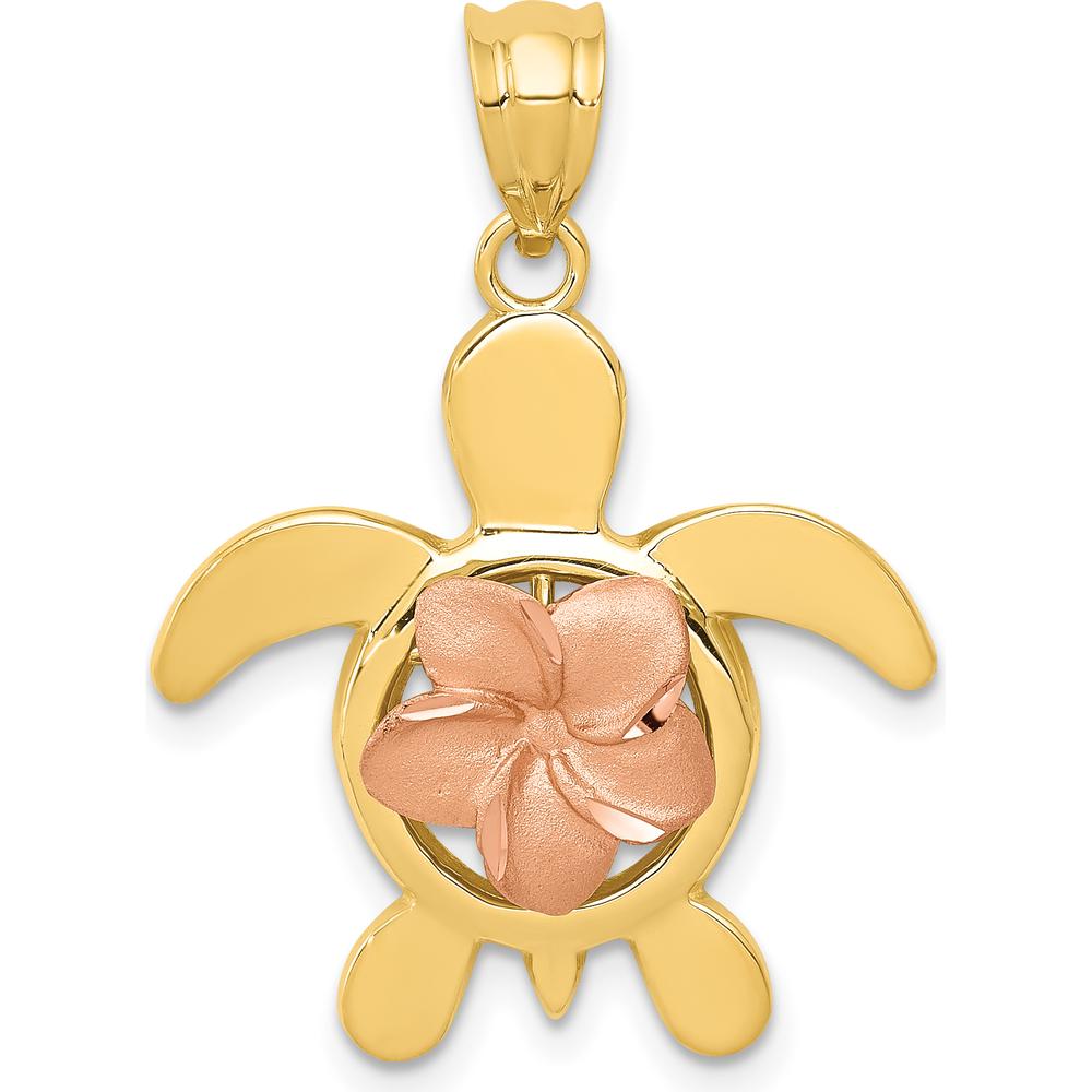 14K Two-Tone Gold Turtle Pendant with Diamond-cut Rose Plumeria - 28mm Length by Oro Pregiato