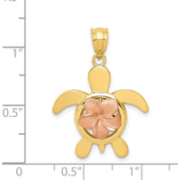 14K Two-Tone Gold Turtle Pendant with Diamond-cut Rose Plumeria - 28mm Length by Oro Pregiato