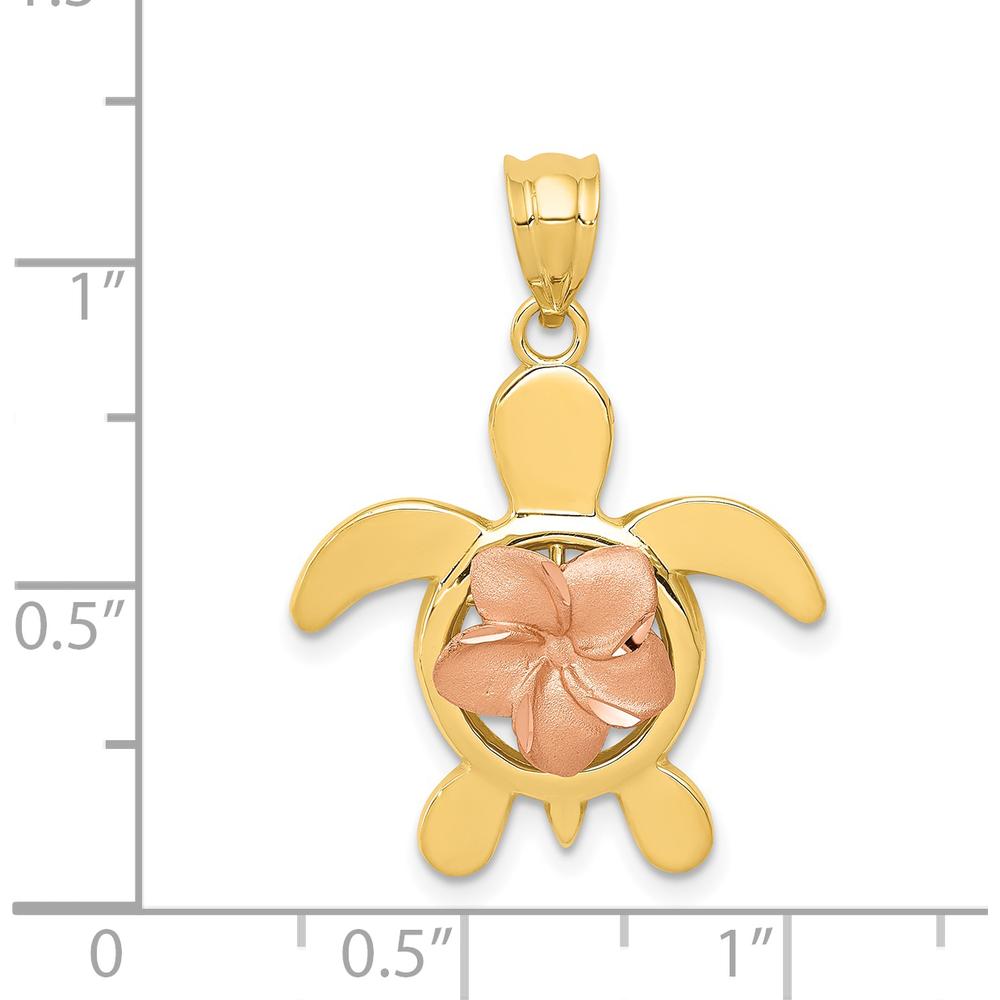 14K Two-Tone Gold Turtle Pendant with Diamond-cut Rose Plumeria - 28mm Length by Oro Pregiato