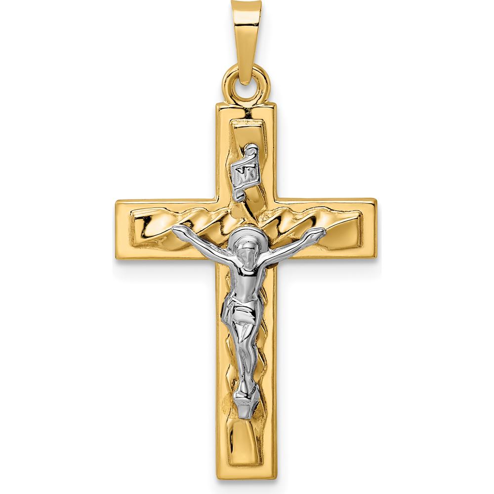 14K Two-Tone Gold Twisted INRI Crucifix Pendant with Polished Finish - 32.7mm Length by Oro Pregiato